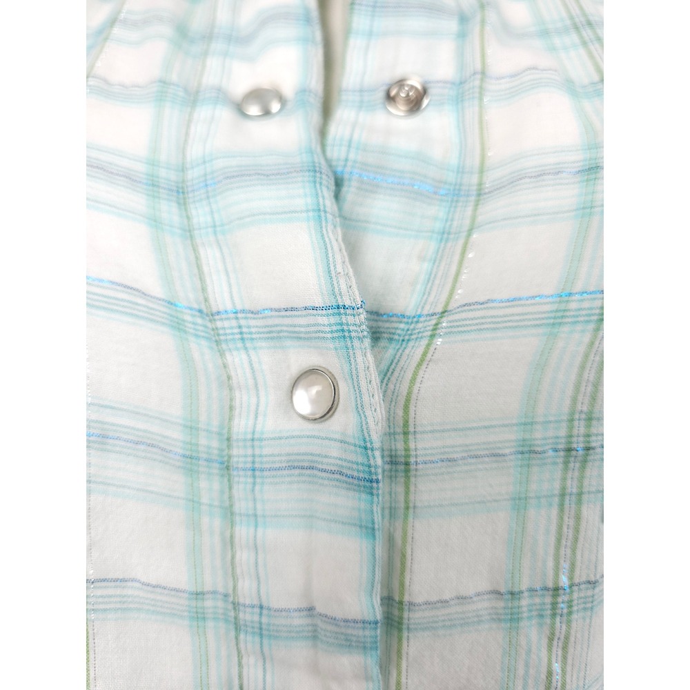 Vintage Y2K Aeropostale Western Pearl Snap Shimmer Plaid Shirt Teal White Medium - Picture 5 of 10